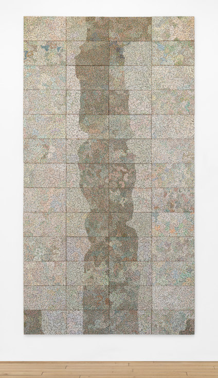 reclaimed electrical wires and components on a panel creating a darker colored trail compared flanked by white-ish sides