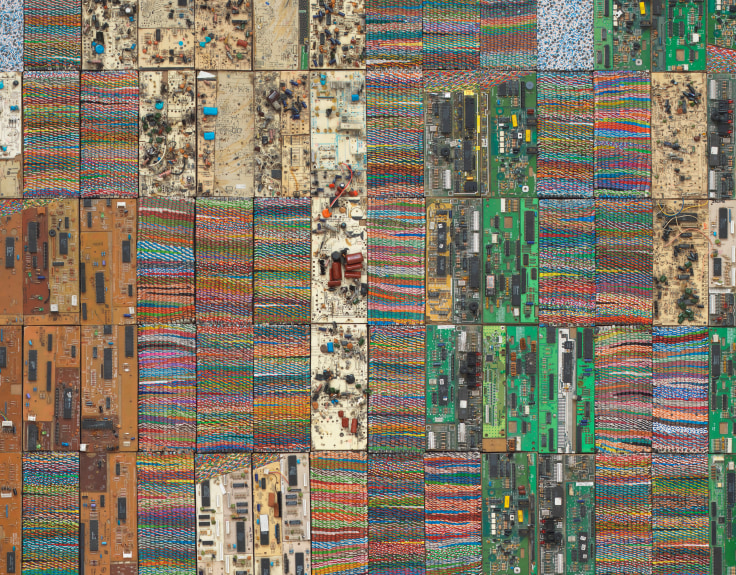 reclaimed electrical wires and components creating a multicolored pattern of rectangles