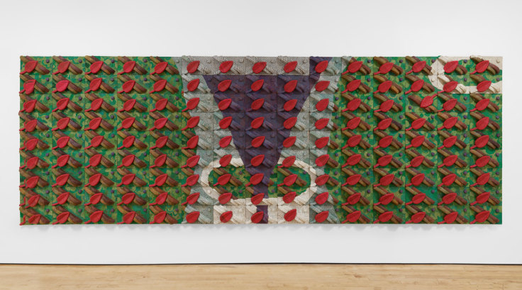 Three-dimensional wall piece with woven electrical wires and other components on wood panels by Elias Sime