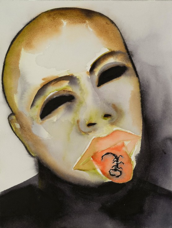 a figure with black eyes sticking out their tongue, revealing a scorpion