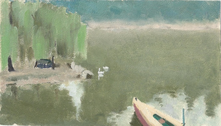 lake with swans and a boat emerging from the edge of the painting