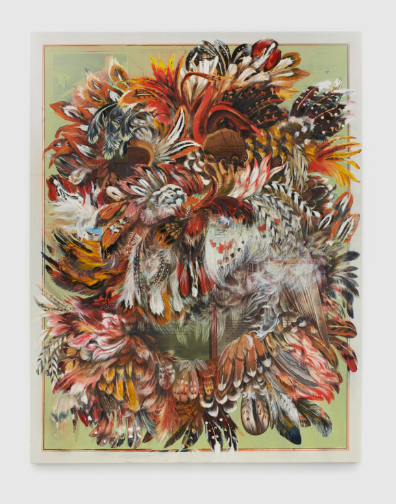 Oil and acrylic painting depicting an array of feathers interlayed across a sage backdrop by Firelei B&aacute;ez.