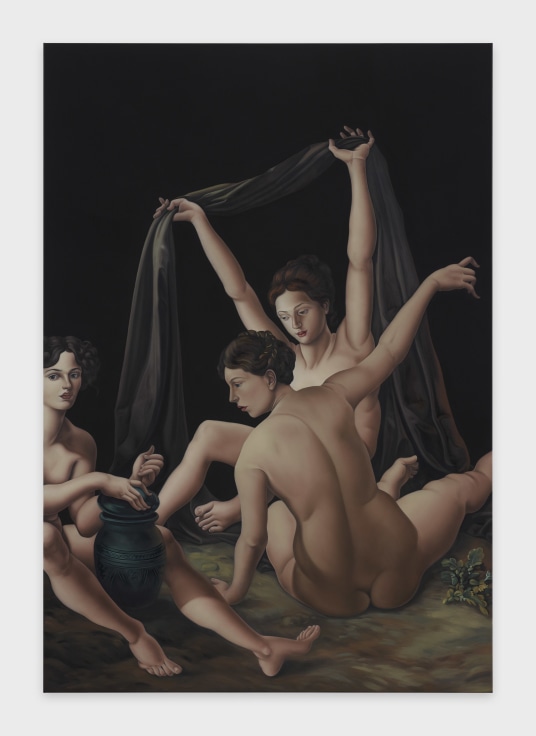 three nude figures gathered in the dark waving their arms about whimsically