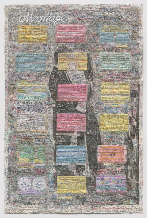 , SIMON EVANS, Marriage, 2014 - 15, Found film poster. index cards, pen, paint, tape and glue, 35 3/4 x 23 3/4 in.(90.8 x 60.3 cm)