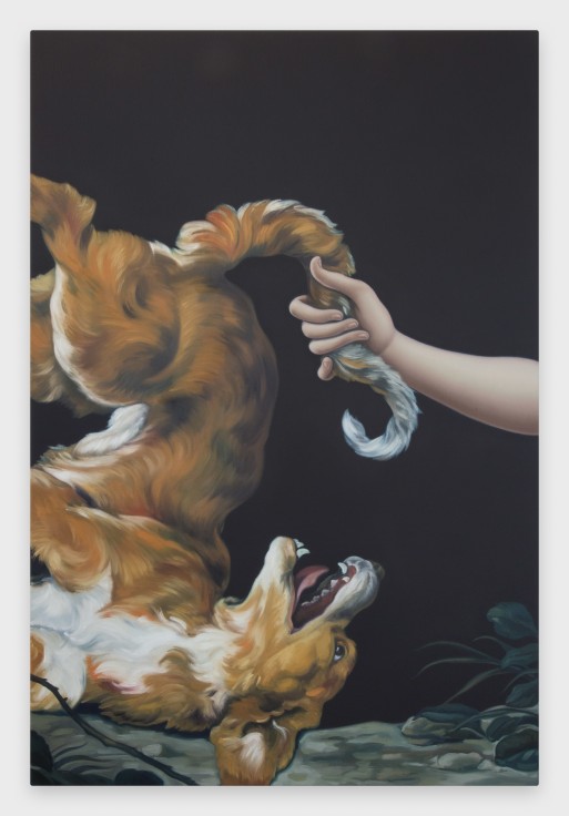 a hand enters the frame of the painting from the viewer's right and grabs the tail of a small brown and white dog