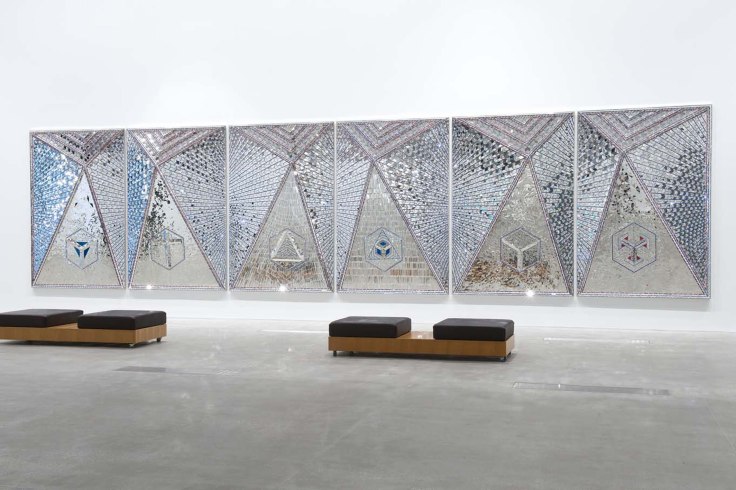 Installation View of Mirror Mosaic with Six Panels of Reverse Glass Painting