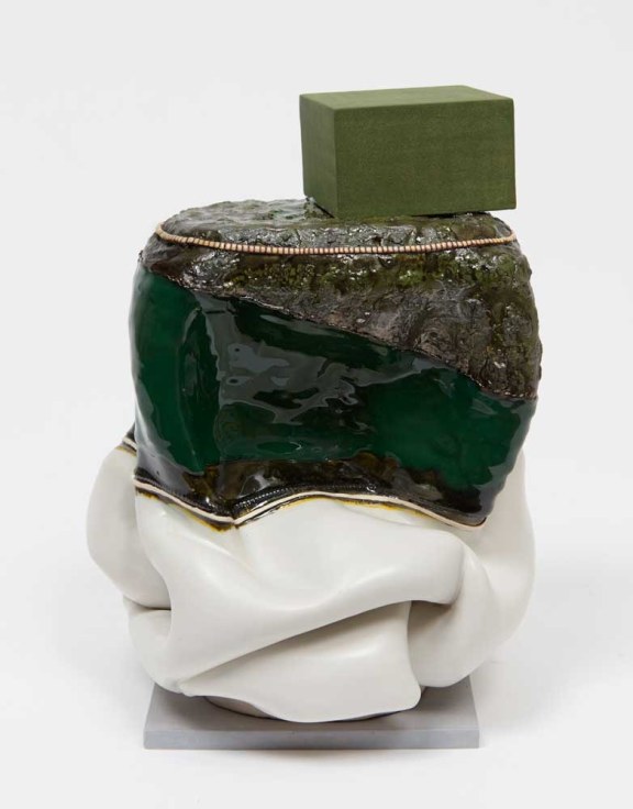 Organically-shaped clay pot with a cubic form perched on top by Kathy Butterly.