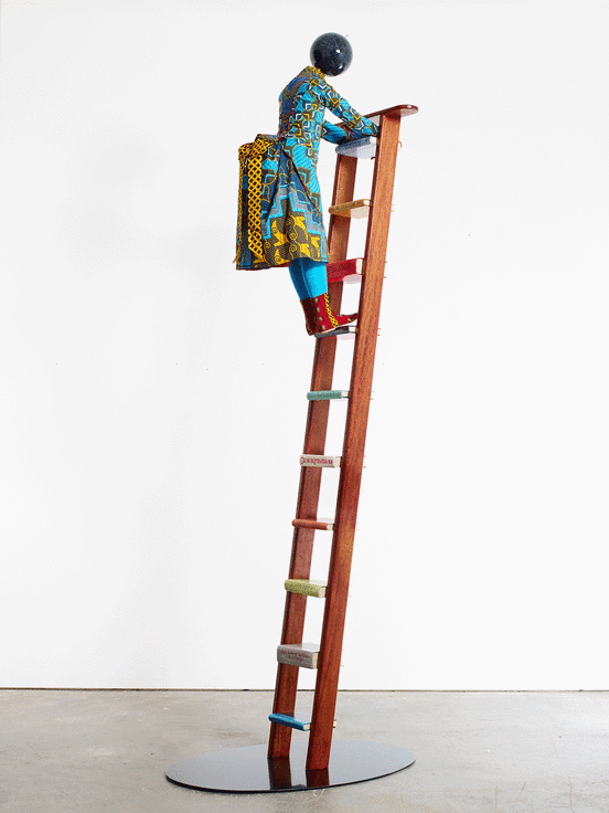 , YINKA SHONIBARE, MBE Magic Ladder Kid III, 2013 Mannequin, Dutch wax printed cott on textile, leather, fiberglass,wooden ladder, steel baseplate, globe Overall: 131 1/2 x 31 1/2 x 48 in. (334 x 80 x 122 cm)