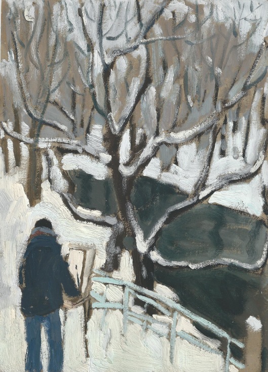 a snowy area with an artist and a canvas in the corner, painting the scene