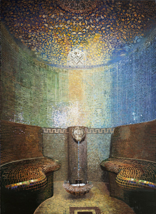 painting of the interior of a Turkish steam room with gold, blue, and green hues