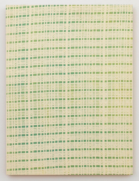 , MICHELLE GRABNER&nbsp;Green and Yellow Curtain,&nbsp;1998&nbsp;Enamel on panel&nbsp;24 x 18 in. (61 x 45.7 cm)