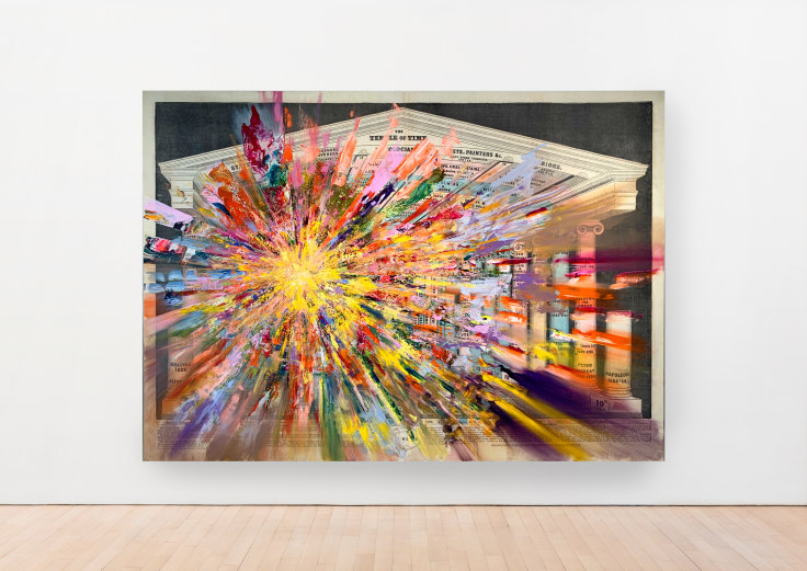 FIRELEI B&Aacute;EZ painting of a temple overlaid with colorful paint exploding outward