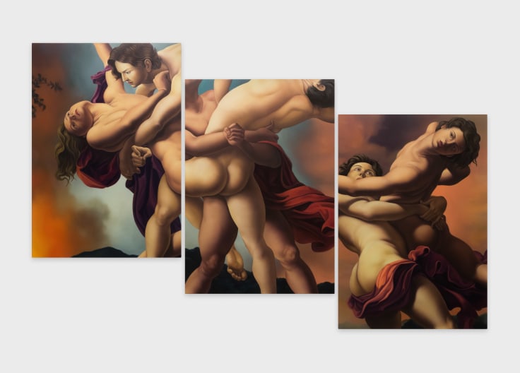 a triptych depicting several scenes of two nude figures embracing each other