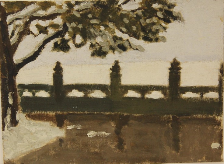 painting of a body of water with ornamental railing