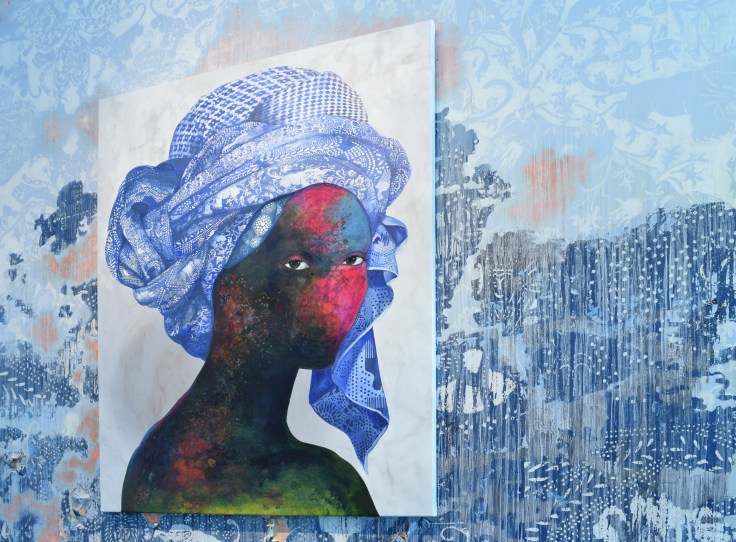 Painting of a cosmically-colored figure wearing a blue turban by Firelei B&aacute;ez.