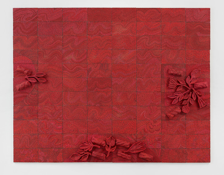Red flowers emerge from 3 sides of red panels and grow toward the middle