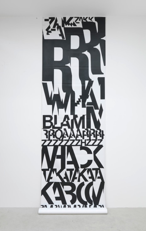 giant white comic strip with text sound effects