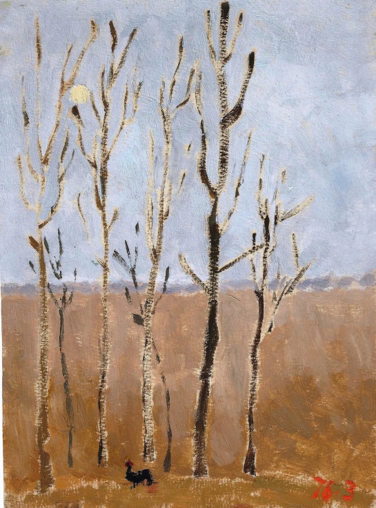 landscape with dried up trees and a rooster in the foreground