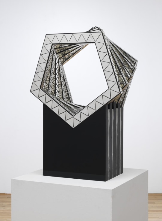 Geometric Mirrored Glass and Standing Acrylic Sheet on Pedestal