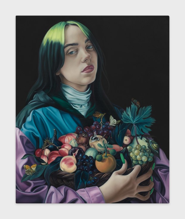 a portrait of the singer Billie Eillish, with green and black hair, holding a basket of fruit