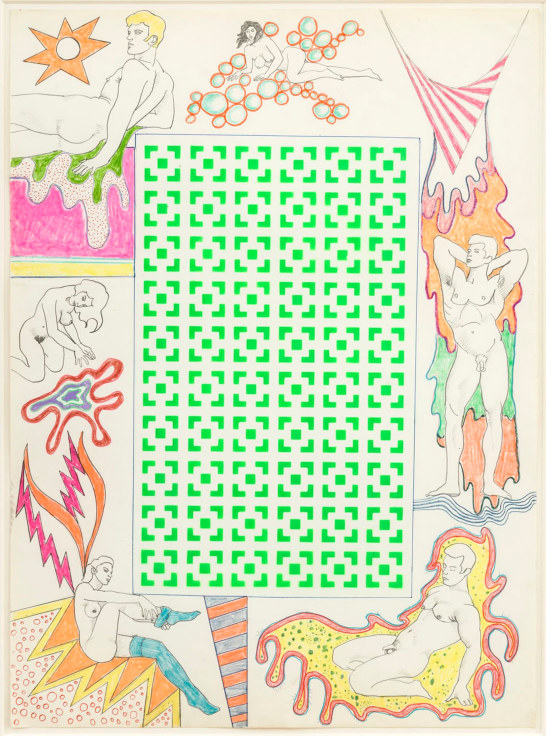 Image of ROBERT SMITHSON's Untitled [Green vertical square maze and woman with stockings],&nbsp;1964