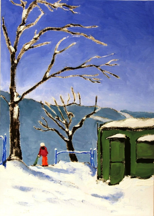 snowy landscape with a greenish structure to the right and a figure preparing to ski on the left