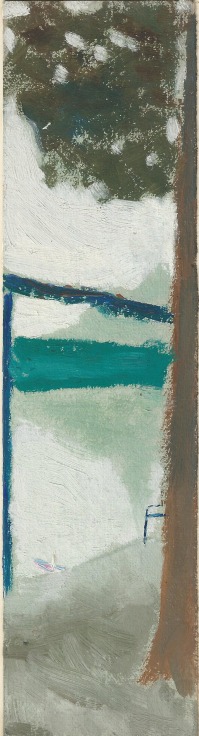 park landscape with a lake reflecting the other side of the park with a horizontal pole cutting through the middle of the painting