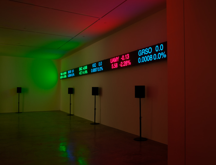 display showing stock information along with speakers below it