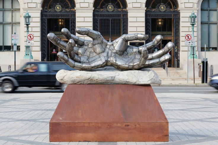Installation view, Christopher Myers, Caliban&rsquo;s Hands, Shakespeare Park, Central Branch of the Free Library of Philadelphia, as part of Monumental Tour, organized by Kindred Arts and Philadelphia Parks &amp;amp; Recreation, September 22, 2021 - January 30, 2022. Photo by Albert Yee