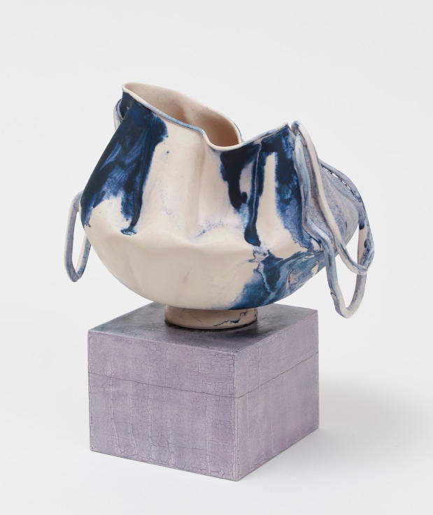 Sunken-in porcelain pot with drooping handles by Kathy Butterly.