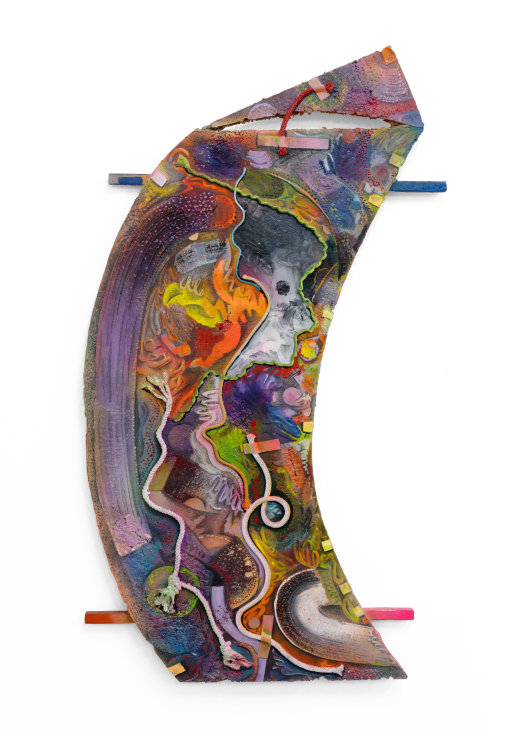 tangled, eternal motion, 2023, Oil and enamel paint, graphite on cast aluminum, 45 x 25 x 2 1/2 inches, 114.3 x 63.5 x 6.4 cm, MMG#35104