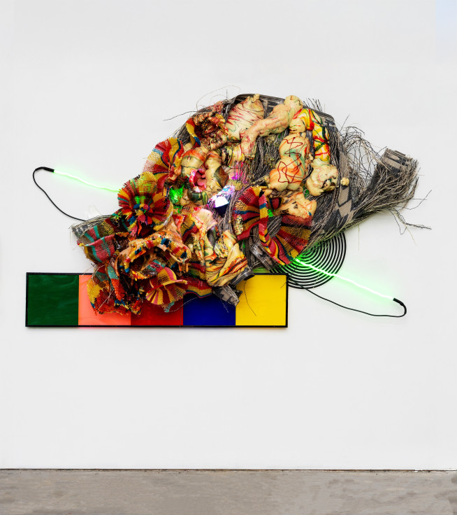 Judy Pfaff, MAD HATTER, 2022-23, Steel, woven plastic, melted plastic, acrylic, resin, pigmented expanded foam, faux flowers, paper lanterns, spinning disc, neon lighting, 55 x 98 inches, 139.7 x 228.6 cm, MMG#37207