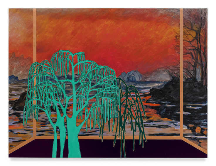 Veduta (Monet Sunset), 2023, Ink and oil on linen on panel,