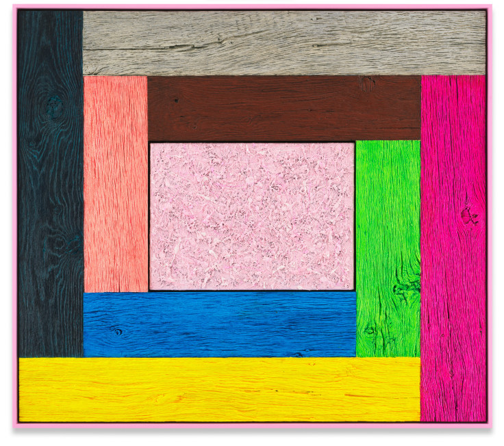 Douglas Melini, Untitled, 2021, Oil on linen and acrylic stain on reclaimed wood with artist frame, 52 x 59 inches, 132.1 x 149.9 cm, MMG#34192