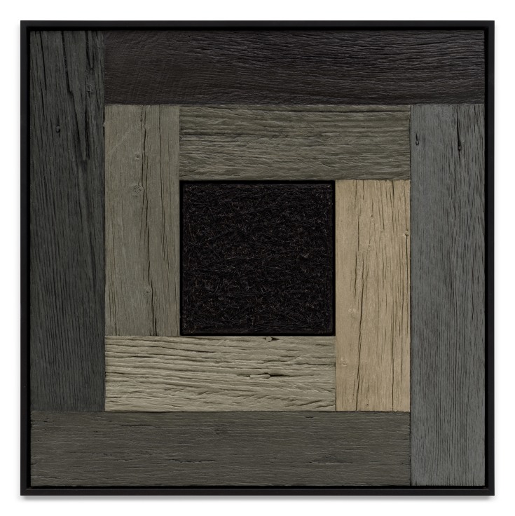 Untitled (Tree Painting-Coencentric, Eight Greys Warm), 2023, Oil on linen and acrylic stain on reclaimed wood with artist frame , 38 x 38 inches, 96.5 x 96.5 cm, MMG#36047