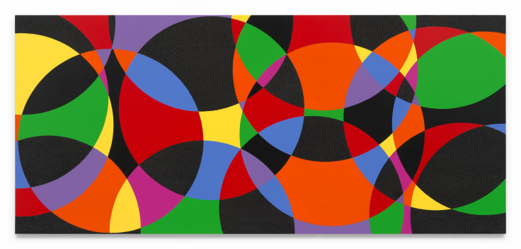 Untitled (Circle Theory I), 2024, Acrylic paint and glitter on wood, 36 x 80 inches, 91.4 x 203.2 cm, MMG#36972