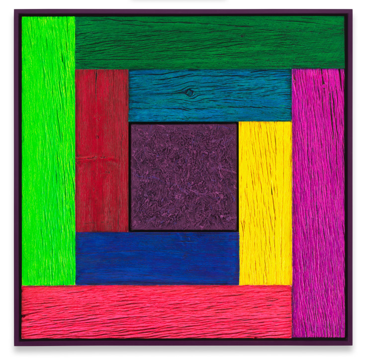 Untitled (Tree Painting - Multi-Color/Purple), 2021, Oil on linen and acrylic stain on reclaimed wood with artist frame, 38 x 38 inches, 96.5 x 96.5 cm, MMG#34270