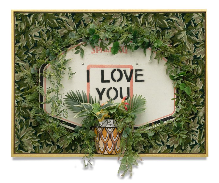 Carlos Rol&oacute;n,&nbsp;Untitled (I Love You), 2020, Repurposed carpet, found basketball backboard, ceramic mirror, glass, artificial vegetation and gold leaf on wood, 63 1/2 x 47 1/2 x 14 1/2 inches, 161.3 x 120.7 x 36.8 cm, MMG#33315