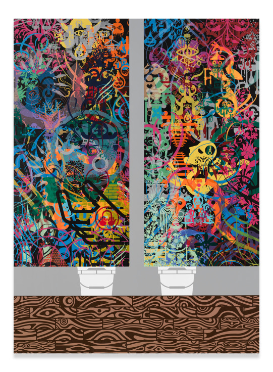 Ryan McGinness, Script Kitties, 2016, Acrylic on wood panel, 69.5 x 51.125 inches, 176.5 x 129.9 cm, MMG#31347