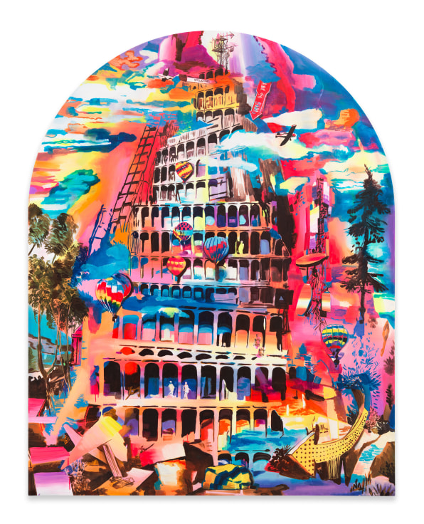 Building of Babel, 2024, Acrylic, spray paint, photo transfer, and oil on canvas, 84 x 66 inches, 213.4 x 167.6 cm, MMG#36623