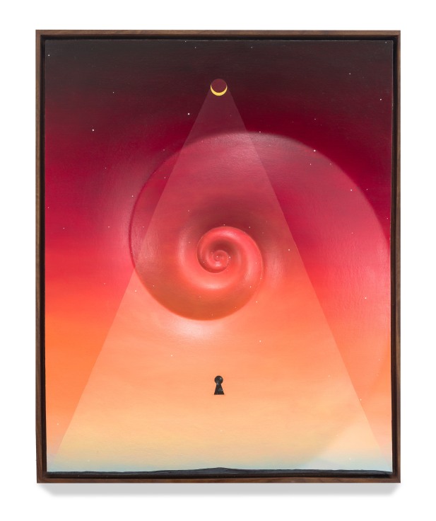 Guidance, 2025, Oil on shaped MDF in walnut frame, 21 x 17 x 1 3/4 inches,