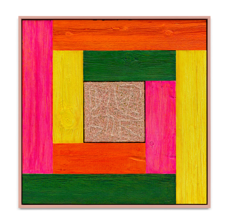 Untitled (Tree Painting-Coencentric, Orange, Yellow, Green, Pink), 2023, Oil on linen and acrylic stain on reclaimed wood with artist frame, 38 x 38 inches, 96.5 x 96.5 cm, MMG#36044