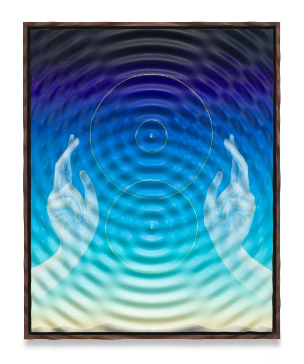 Interference, 2025, Oil on shaped MDF in walnut frame, 21 x 17 x 1 3/4 inches,