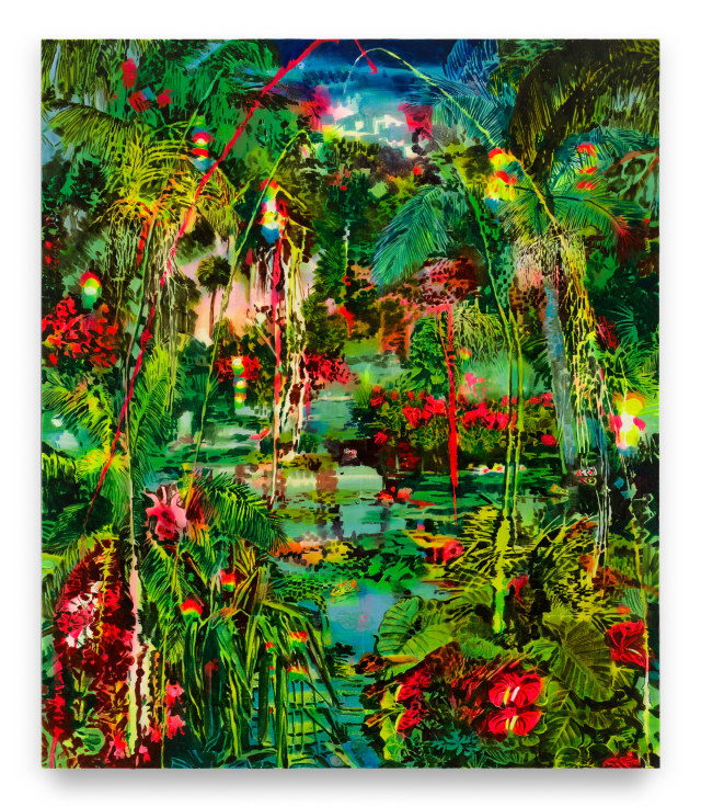Visual Aura at the Lotus Pond, 2022, Acrylic, spray paint, photo transfer, and oil on canvas, 78 1/4 x 66 1/4 inches, 198.8 x 168.3 cm, MMG#35716