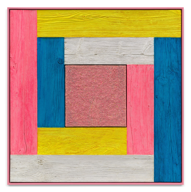 Untitled (Tree Painting-Coencentric, Yellow, Blue, White, Pink), 2023, Oil on linen and acrylic stain on reclaimed wood with artist frame, 52 x 52 inches, 132.1 x 132.1 cm, MMG#36040