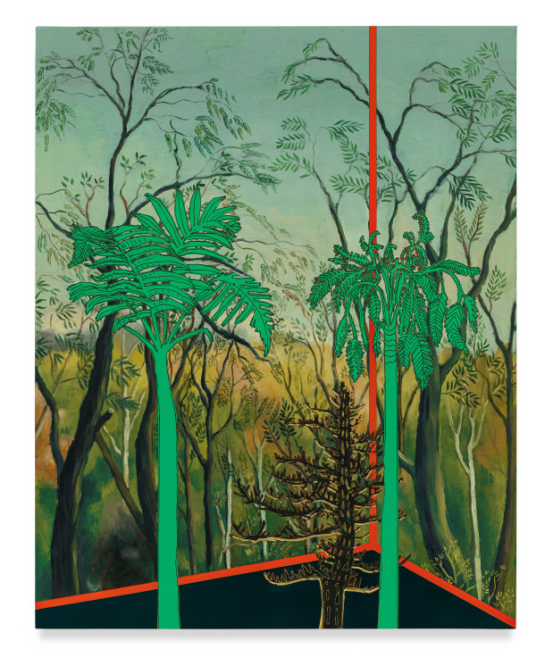 Veduta (H. Rousseau Walk in the Woods), 2023, Ink and oil on linen on panel, 30 x 24 x 2 inches, 76.2 x 61 x 5.1 cm,&nbsp;MMG#35762