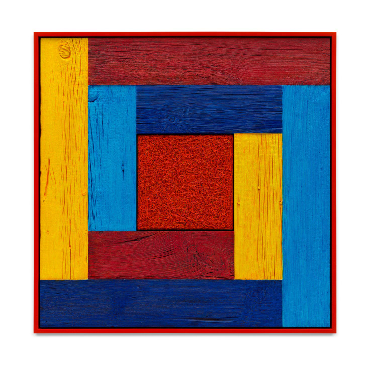 Untitled (Tree Painting-Coencentric, Red, Blue, Dark Blue, Yellow), 2023, Oil on linen and acrylic stain on reclaimed wood with artist frame, 38 x 38 inches, 96.5 x 96.5 cm, MMG#36043