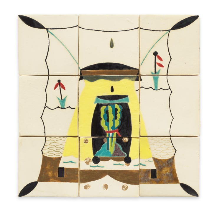 EunJin Jang,&nbsp;Lettuce inside Ongii, 2024, Glaze ceramic tiles mounted on panel, 12 1/4 x 12 1/4 inches, 31.1 x 31.1 cm,&nbsp;MMG#36606