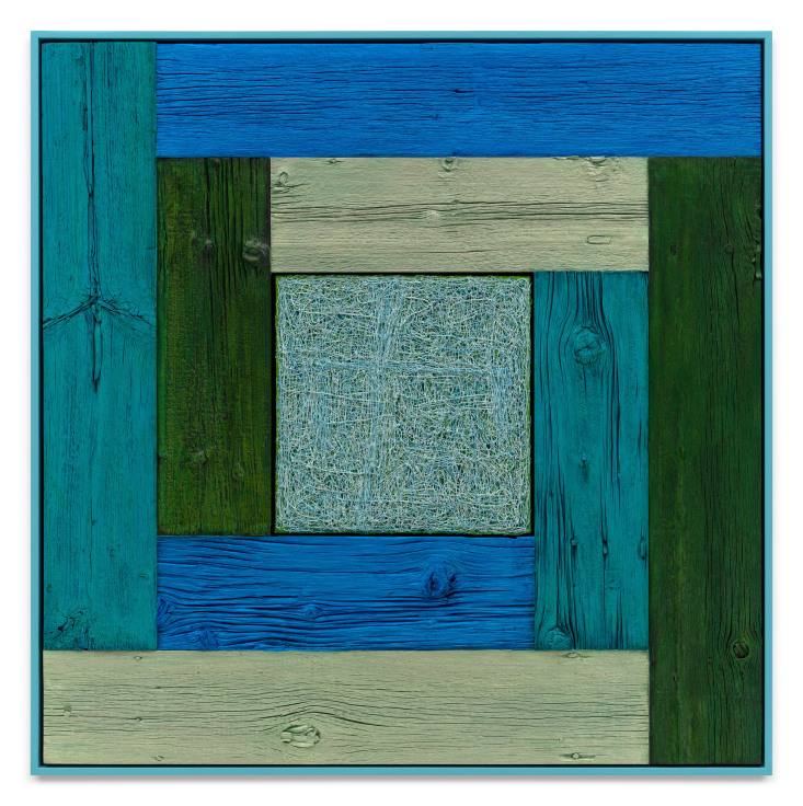 Untitled (Tree Painting-Coencentric, Blue, Green, Sage, Turquoise), 2023, Oil on linen and acrylic stain on reclaimed wood with artist frame, 52 x 52 inches, 132.1 x 132.1 cm, MMG#36039