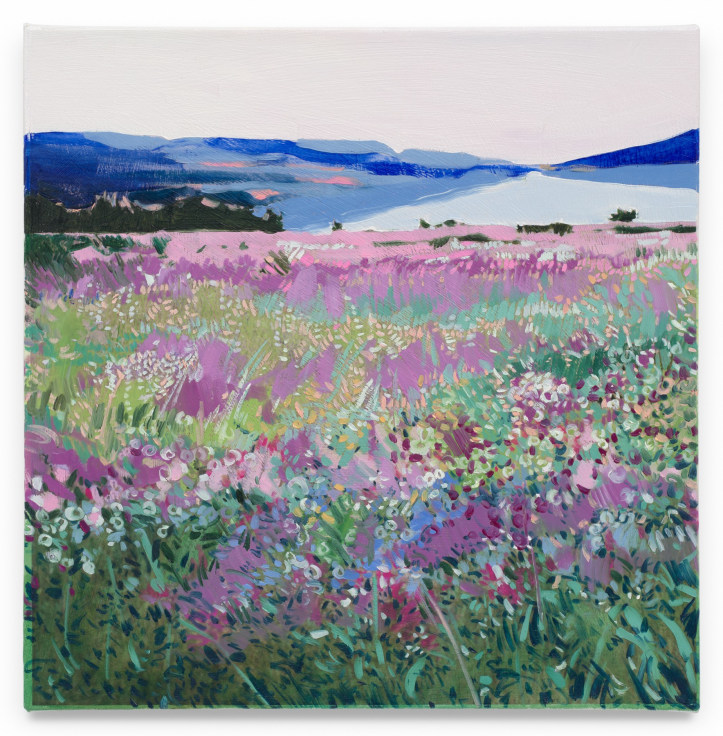 Wildflowers and Distant Lake, 2023, Mixed media oil on canvas, 17 x 17 inches, 43.2 x 43.2 cm, MMG#36628